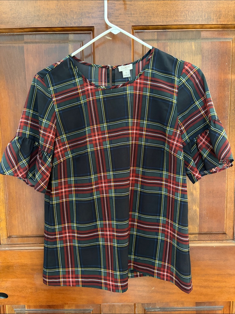J. Crew Black Red and Yellow Plaid Ruffle Sleeve Top